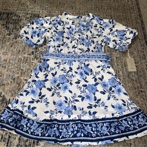 Joie floral puff sleeve mini dress blue and white floral 8 NWT